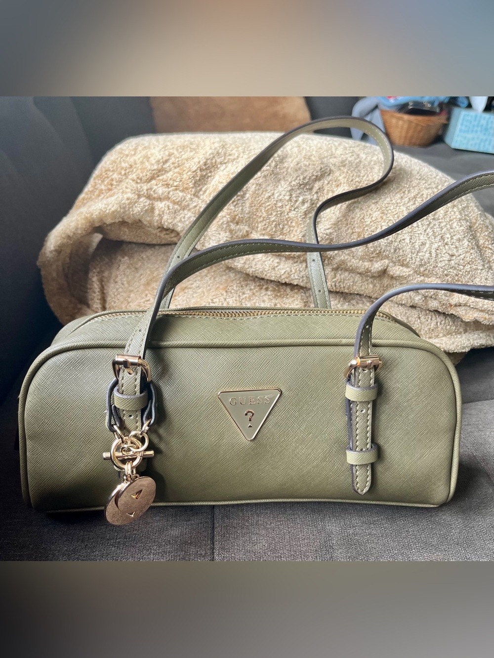 Guess Olive Green Saffiano Shoulder Bag with Gold Accents